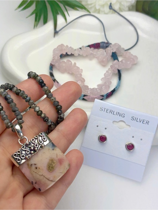 Southwest Jewelry - Jewelry Lot Peruvian Pink Opal Pendant Moonstone Necklace Ruby Earrings 925
